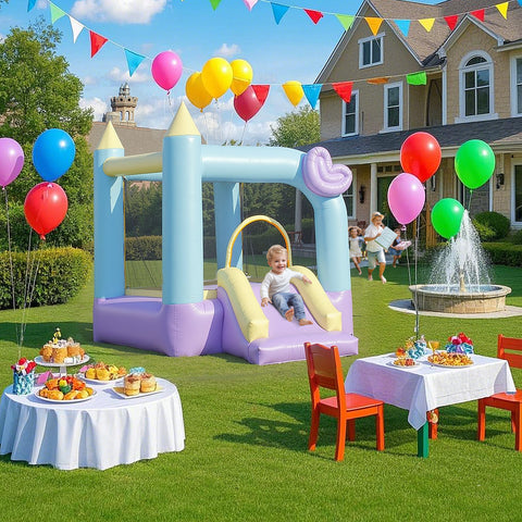 Castelo Insuflável com Soprador Castelo Insuflável para Crianças de 3-8 Anos com Escorrega Área de Salto e Bolsa de Transporte para Interior e Exterior 250x165x200 cm Multicolor