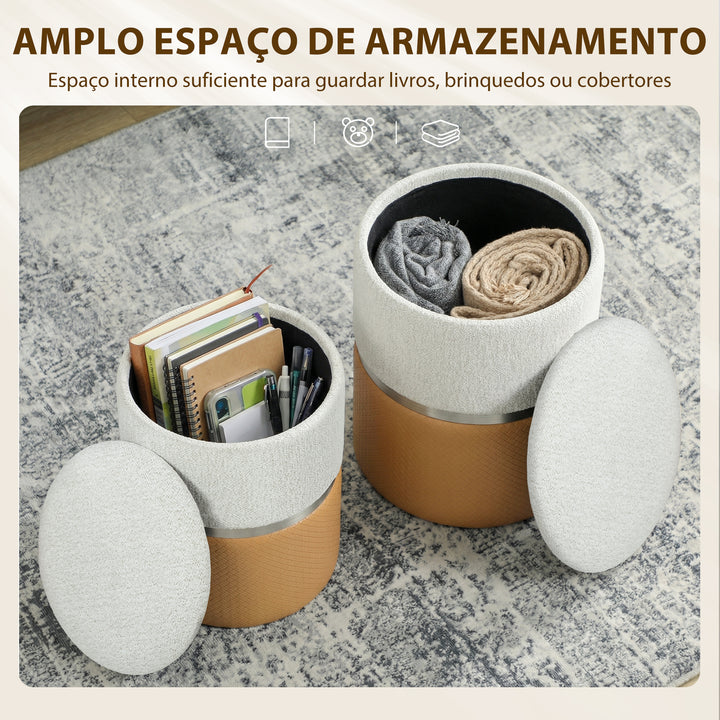 Conjunto de 2 Puffs de Armazenamento Baús Redondos Estofados em Chenille e PU Assento Acolchoado para Entrada Quarto ou Sala Castanho e Creme