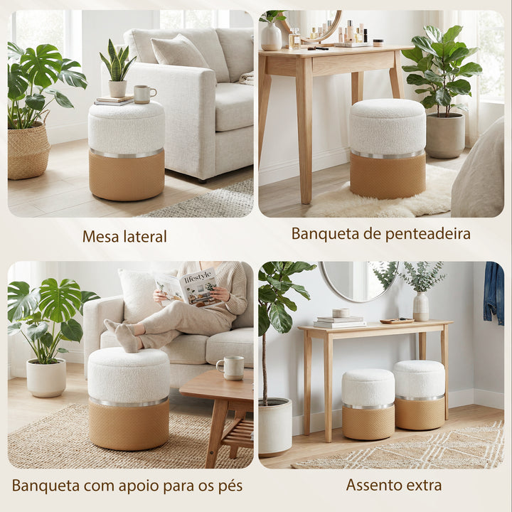 Conjunto de 2 Puffs de Armazenamento Baús Redondos Estofados em Chenille e PU Assento Acolchoado para Entrada Quarto ou Sala Castanho e Creme
