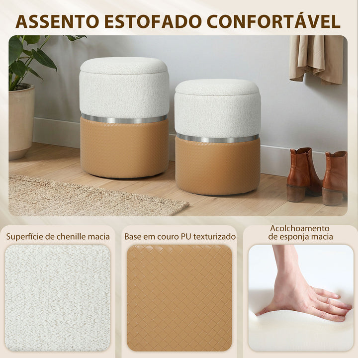 Conjunto de 2 Puffs de Armazenamento Baús Redondos Estofados em Chenille e PU Assento Acolchoado para Entrada Quarto ou Sala Castanho e Creme