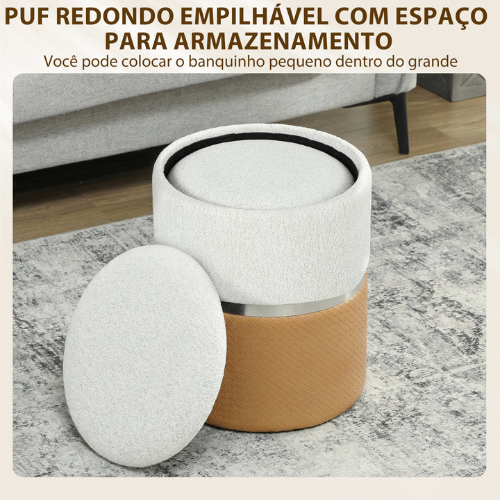 Conjunto de 2 Puffs de Armazenamento Baús Redondos Estofados em Chenille e PU Assento Acolchoado para Entrada Quarto ou Sala Castanho e Creme