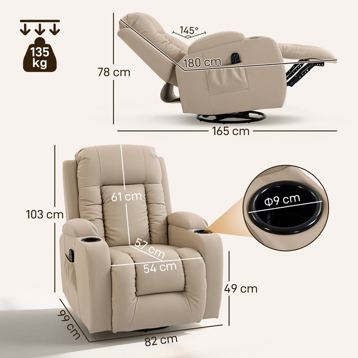 Poltrona de Massagem Reclinável até 145° Poltrona Relax com 8 Pontos de Massagem por Vibração Função de Aquecimento Giratória e Controlo Remoto 82x99x103 cm Creme