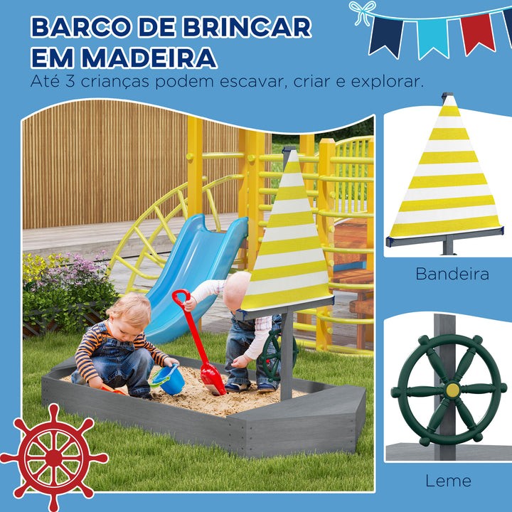 Caixa de Areia para Crianças de Madeira Caixa de Areia Infantil com Bandeira e Leme em Forma de Veleiro para Pátio Jardim 190x90x138 cm Cinza Escuro