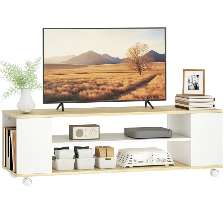 Móvel para TV com Rodas Armário para TV Flutuante com 2 Portas e 2 Prateleiras de Armazenamento para Televisores de até 55 Polegadas para Dormitório 120x40x38,5cm Branco e Madeira