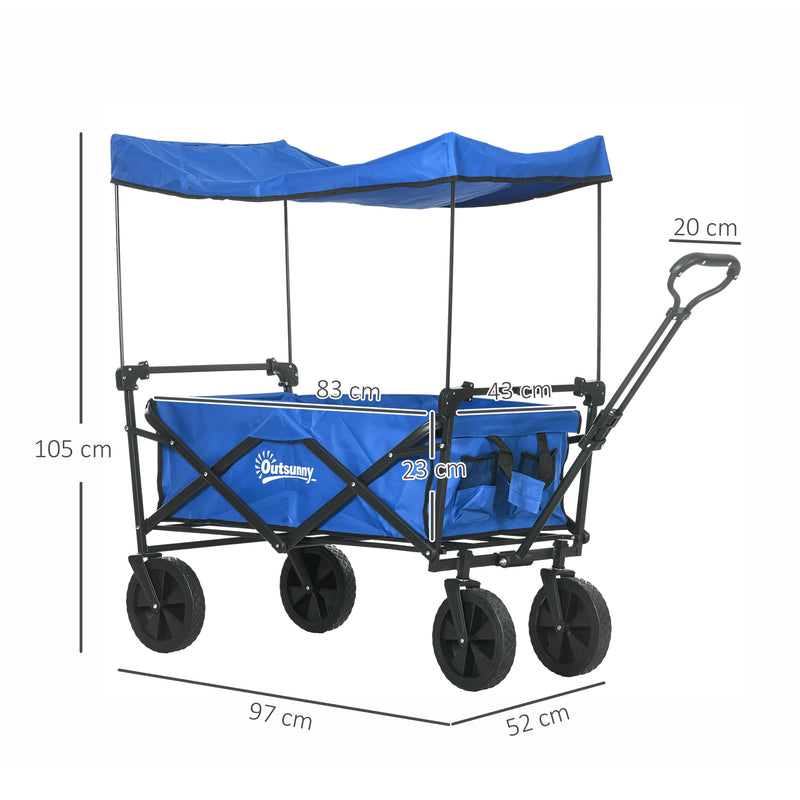 Carrinho de Transporte com Toldo Removível Carrinho Dobrável com Alça Ajustável e Bolsa de Transporte Capacidade 100 kg para Campismo Praia 97x52x105 cm Azul