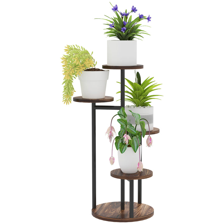 Suporte para Plantas de 5 Níveis Suporte para Plantas de Madeira e Aço com 5 Prateleiras Redondas Suporte para Vasos de Flores para Interior e Exterior 43x43x70 cm Madeira