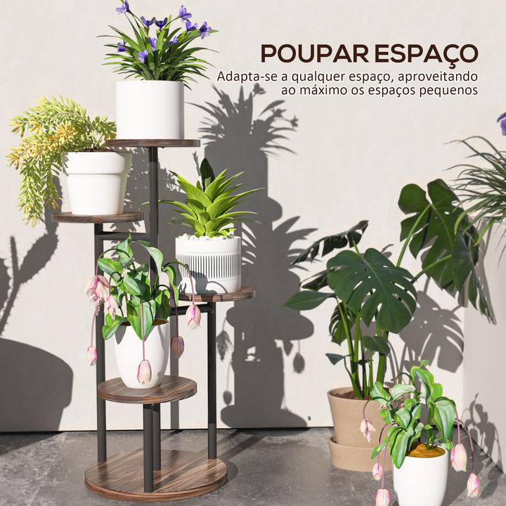 Suporte para Plantas de 5 Níveis Suporte para Plantas de Madeira e Aço com 5 Prateleiras Redondas Suporte para Vasos de Flores para Interior e Exterior 43x43x70 cm Madeira