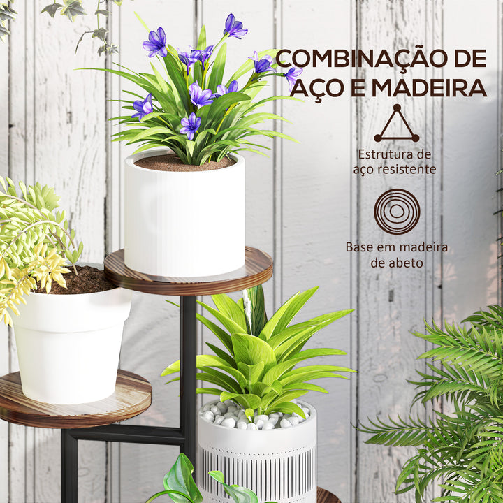 Suporte para Plantas de 5 Níveis Suporte para Plantas de Madeira e Aço com 5 Prateleiras Redondas Suporte para Vasos de Flores para Interior e Exterior 43x43x70 cm Madeira
