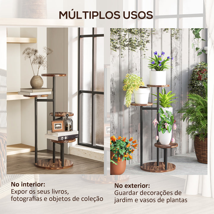 Suporte para Plantas de 5 Níveis Suporte para Plantas de Madeira e Aço com 5 Prateleiras Redondas Suporte para Vasos de Flores para Interior e Exterior 43x43x70 cm Madeira