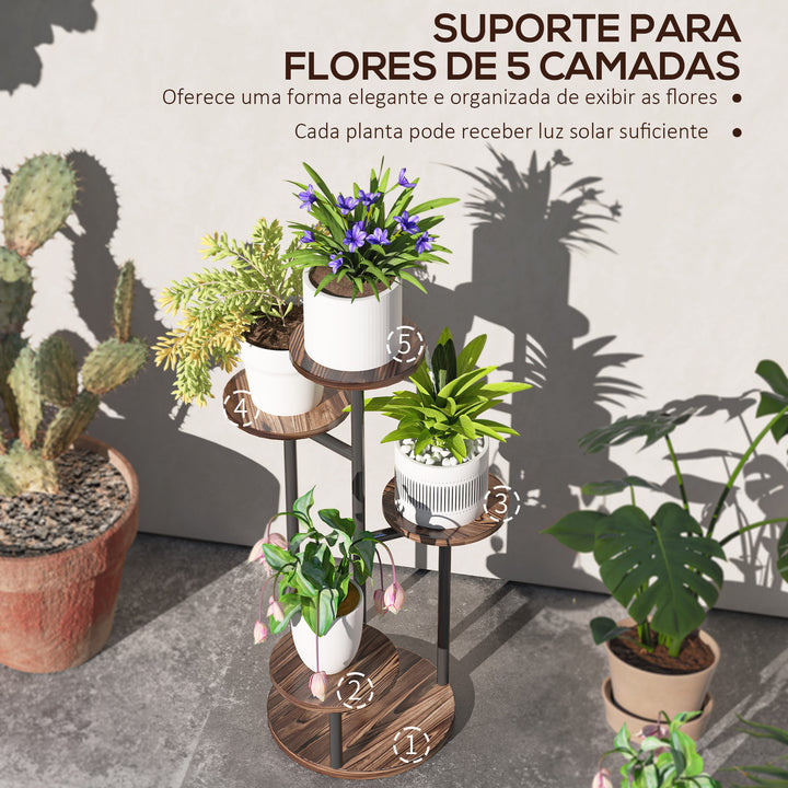 Suporte para Plantas de 5 Níveis Suporte para Plantas de Madeira e Aço com 5 Prateleiras Redondas Suporte para Vasos de Flores para Interior e Exterior 43x43x70 cm Madeira