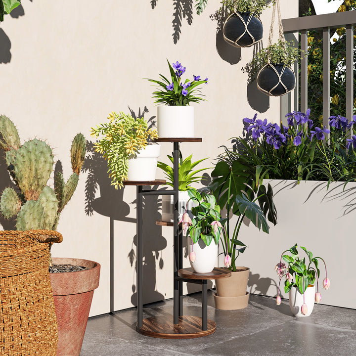 Suporte para Plantas de 5 Níveis Suporte para Plantas de Madeira e Aço com 5 Prateleiras Redondas Suporte para Vasos de Flores para Interior e Exterior 43x43x70 cm Madeira