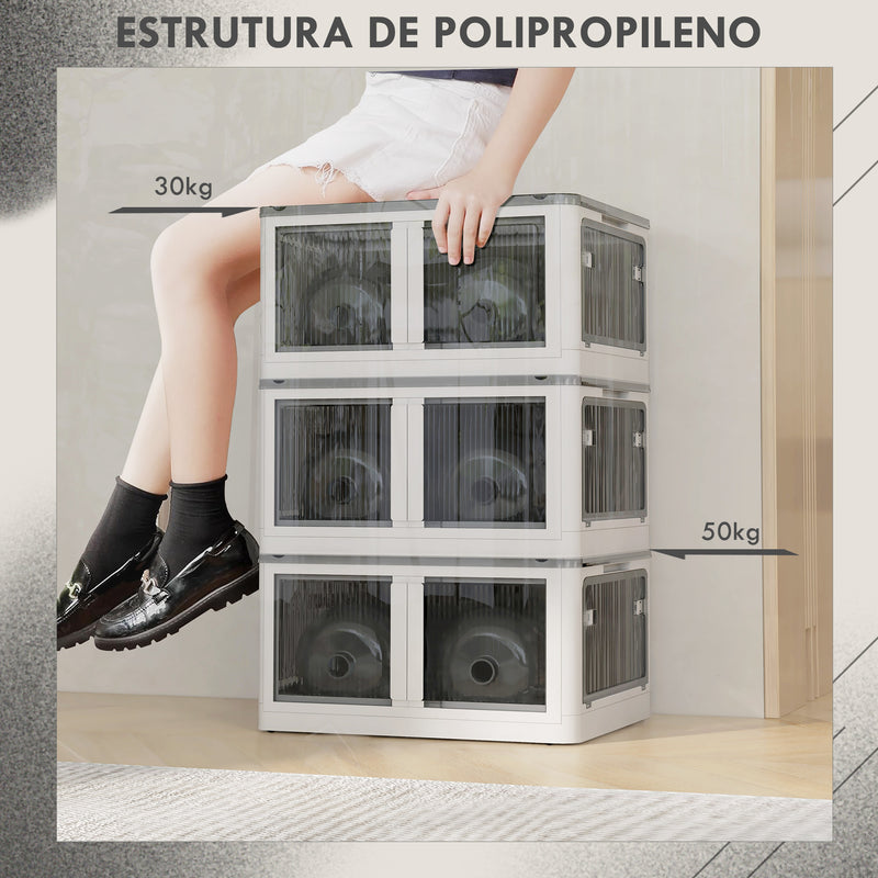 Caixa de Armazenamento Empilhável com Tampa 69L Caixa Organizadora Dobrável com Rodas Contentor de Plástico com Acesso a 5 Lados 60x42x34 cm Branco