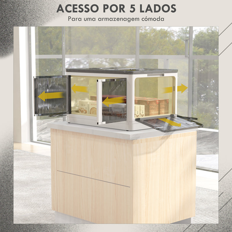 Caixa de Armazenamento Empilhável com Tampa 69L Caixa Organizadora Dobrável com Rodas Contentor de Plástico com Acesso a 5 Lados 60x42x34 cm Branco