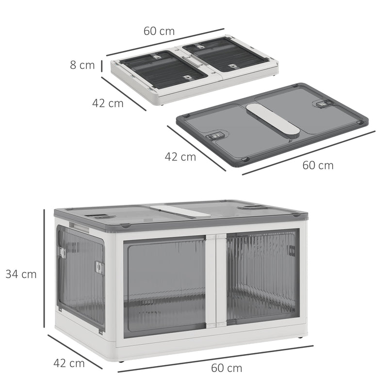 Caixa de Armazenamento Empilhável com Tampa 69L Caixa Organizadora Dobrável com Rodas Contentor de Plástico com Acesso a 5 Lados 60x42x34 cm Branco