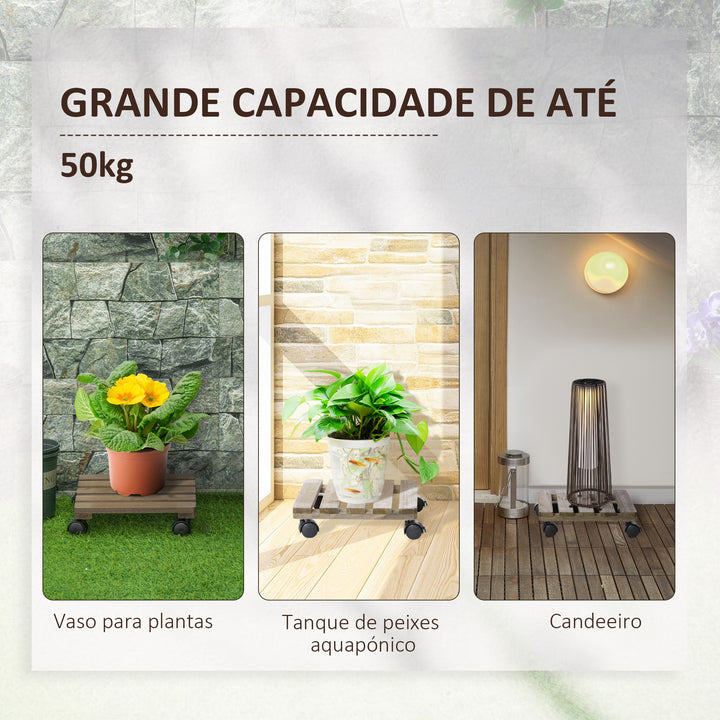 Conjunto de 2 Suportes de Madeira com Rodas Suportes para Plantas com Rodas Giratórias 360° e Travão Bases para Vasos de Interior e Exterior Carga 50 kg Castanho Escuro