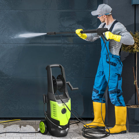Lavadora de Alta Pressão 2200W Pressão 170 Bar Fluxo 420 L/h com Bomba de Alumínio Paragem Automática Mangueira de 6 m Inclui Garrafa de Espuma e Bico Ajustável 32x32x80 cm Verde e Preto
