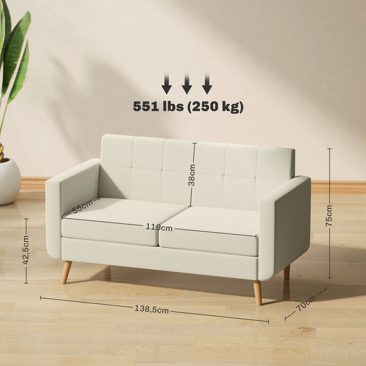 Sofá de 2 Lugares Sofá Estofado em Linho Sintético Sofá Sala de Estar com Apoio para os Braços e Pés de Madeira Sofá Pequeno Carga 250 kg 138,5x70x75 cm Creme
