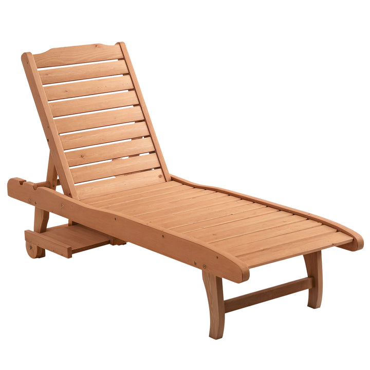 Espreguiçadeira de Madeira para Exterior Cadeira Reclinável de Jardim com 2 Rodas Encosto Ajustável em 3 Níveis e 1 Tabuleiro Capacidade 113 kg para Terraço Pátio 182x60x35 cm Natural