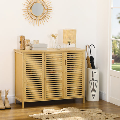 Sapateira de Entrada Armário Sapateira com 3 Portas de Persiana Prateleiras Ajustáveis para 16 Pares de Sapatos para Corredor Entrada 100x35x80 cm Natural