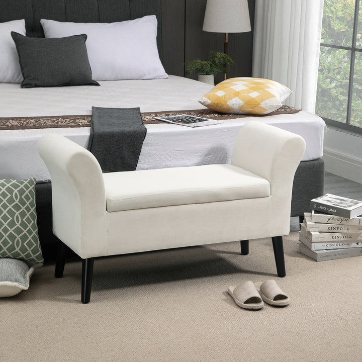 Banco para Pé de Cama Estofado em Veludo Banco de Armazenamento Acolchoado com Tampa Apoio para os Braços Pés de Madeira para Dormitório Sala de Estar 111,5x41x65cm Branco Creme