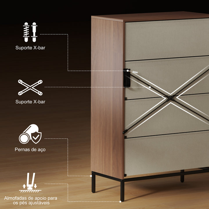 Cómoda com 4 Gavetas de Tecido Cómoda para Quarto Frentes com Padrão de Diamante Móvel de Arrumação para Sala de Estar Escritório Closet 59,5,5x30x92,5 cm Madeira e Branco