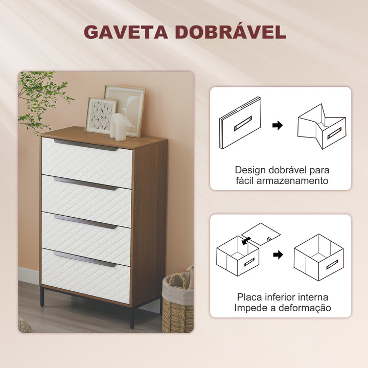 Cómoda com 4 Gavetas de Tecido Cómoda para Quarto Frentes com Padrão de Diamante Móvel de Arrumação para Sala de Estar Escritório Closet 59,5,5x30x92,5 cm Madeira e Branco
