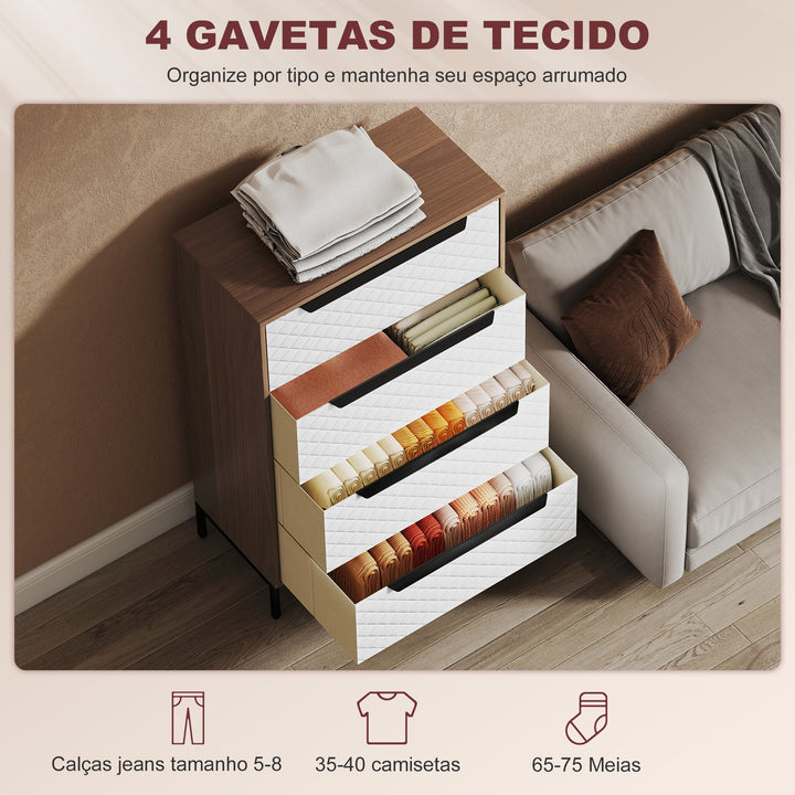Cómoda com 4 Gavetas de Tecido Cómoda para Quarto Frentes com Padrão de Diamante Móvel de Arrumação para Sala de Estar Escritório Closet 59,5,5x30x92,5 cm Madeira e Branco