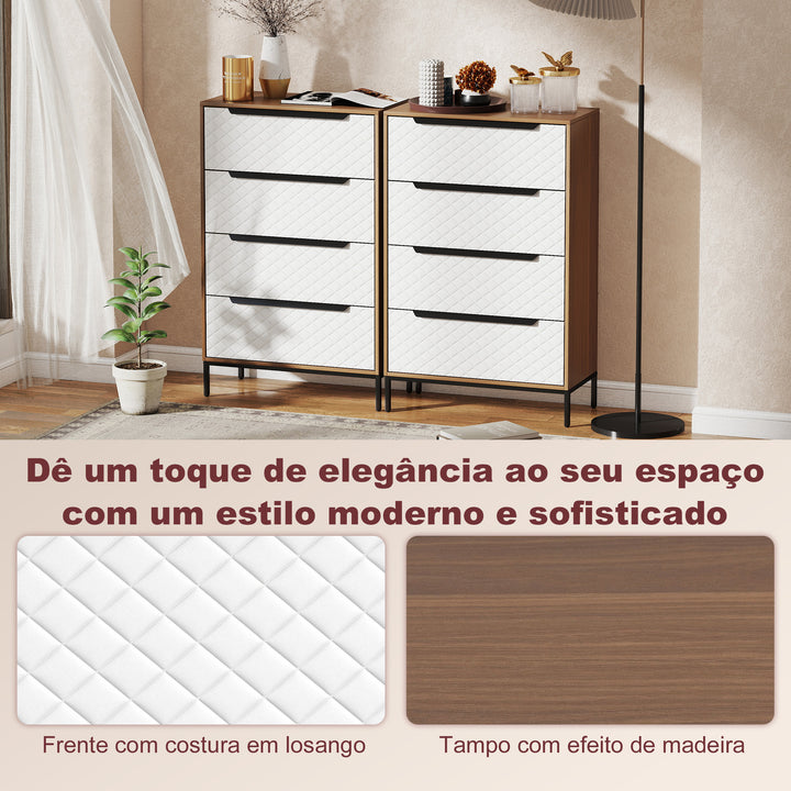 Cómoda com 4 Gavetas de Tecido Cómoda para Quarto Frentes com Padrão de Diamante Móvel de Arrumação para Sala de Estar Escritório Closet 59,5,5x30x92,5 cm Madeira e Branco
