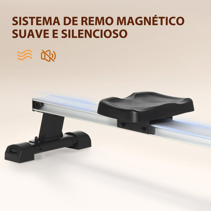 Máquina de Remo Dobrável com 8 Níveis de Resistência Magnética Volante de Inércia de 4kg Monitor LCD Aço Alumínio 185x58x57cm Carga 120kg Preta e Prata