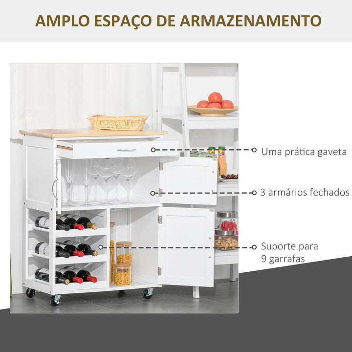Carrinho de Cozinha com Rodas Carrinho de Cozinha com Gaveta 2 Armários de Armazenamento e 3 Prateleiras Abertas para 9 Garrafas para Sala de Jantar 67x37x87cm Branco