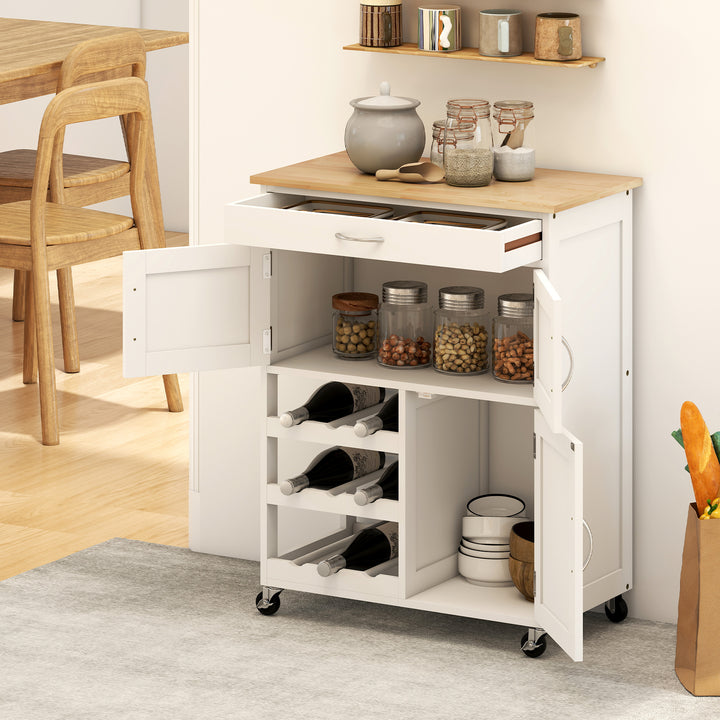 Carrinho de Cozinha com Rodas Carrinho de Cozinha com Gaveta 2 Armários de Armazenamento e 3 Prateleiras Abertas para 9 Garrafas para Sala de Jantar 67x37x87cm Branco