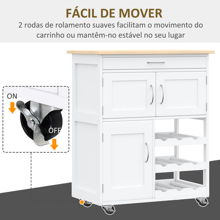 Carrinho de Cozinha com Rodas Carrinho de Cozinha com Gaveta 2 Armários de Armazenamento e 3 Prateleiras Abertas para 9 Garrafas para Sala de Jantar 67x37x87cm Branco