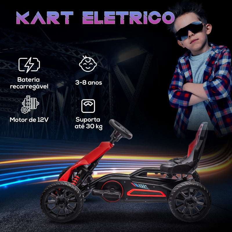 Go Kart Carro Elétrico para Crianças de 3 a 8 Anos Kart a Bateria 12V Velocidade Ajustável 3-5 km/h e Cinto de Segurança Carga 30 kg para Exterior 100x58x58,5 cm Vermelho