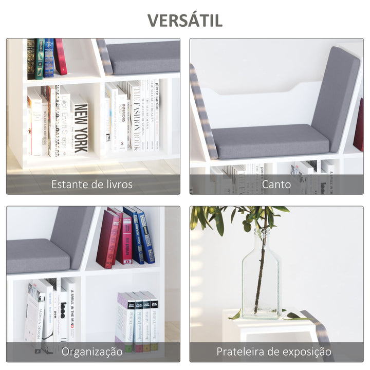 Estante com Assento 6 prateleiras em forma de cubo Livraria Infantil Original Sapateiro com Almofada Prateleira com bancada Multifinal 102x30x61cm