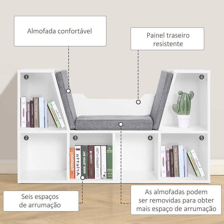 Estante com Assento 6 prateleiras em forma de cubo Livraria Infantil Original Sapateiro com Almofada Prateleira com bancada Multifinal 102x30x61cm
