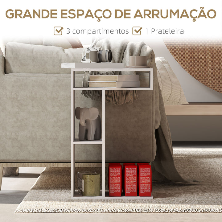 Mesa Auxiliar em Forma de C Mesa Auxiliar para Sofá com Rodas Compartimentos Abertos Mesa Lateral para Sala de Estar Dormitório 40x30x69 cm Branco