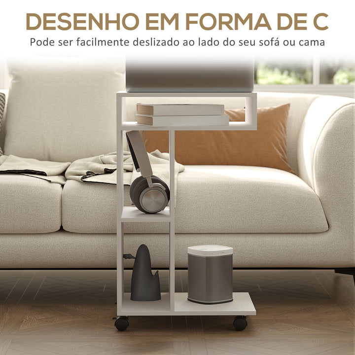 Mesa Auxiliar em Forma de C Mesa Auxiliar para Sofá com Rodas Compartimentos Abertos Mesa Lateral para Sala de Estar Dormitório 40x30x69 cm Branco