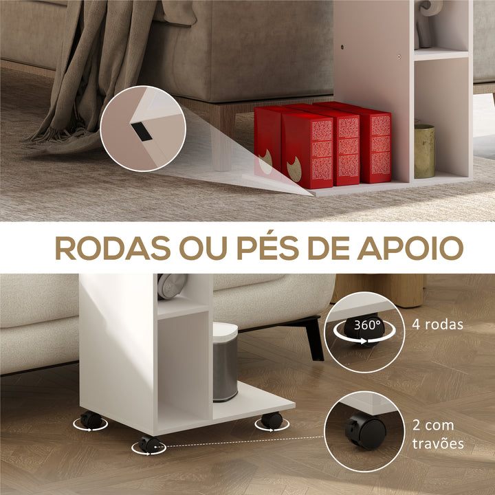Mesa Auxiliar em Forma de C Mesa Auxiliar para Sofá com Rodas Compartimentos Abertos Mesa Lateral para Sala de Estar Dormitório 40x30x69 cm Branco