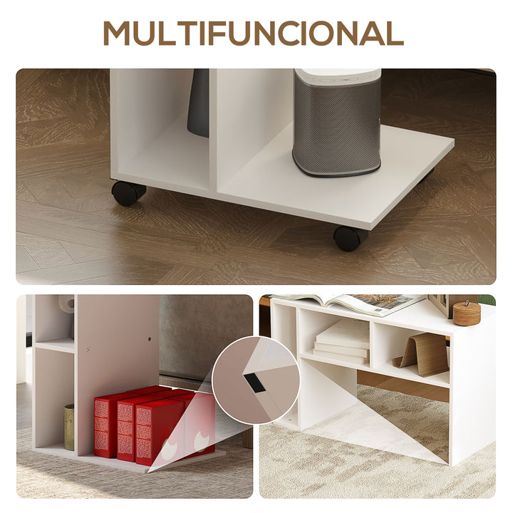 Mesa Auxiliar em Forma de C Mesa Auxiliar para Sofá com Rodas Compartimentos Abertos Mesa Lateral para Sala de Estar Dormitório 40x30x69 cm Branco