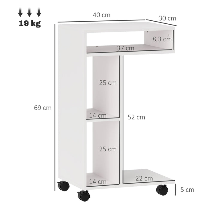 Mesa Auxiliar em Forma de C Mesa Auxiliar para Sofá com Rodas Compartimentos Abertos Mesa Lateral para Sala de Estar Dormitório 40x30x69 cm Branco