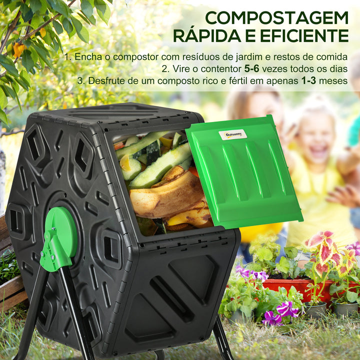 Compostor Giratório de 65L Recipiente de Compostagem de Jardim com Câmera Dupla Aberturas de Ventilação e Pés de Aço 60x49x77 cm Preto