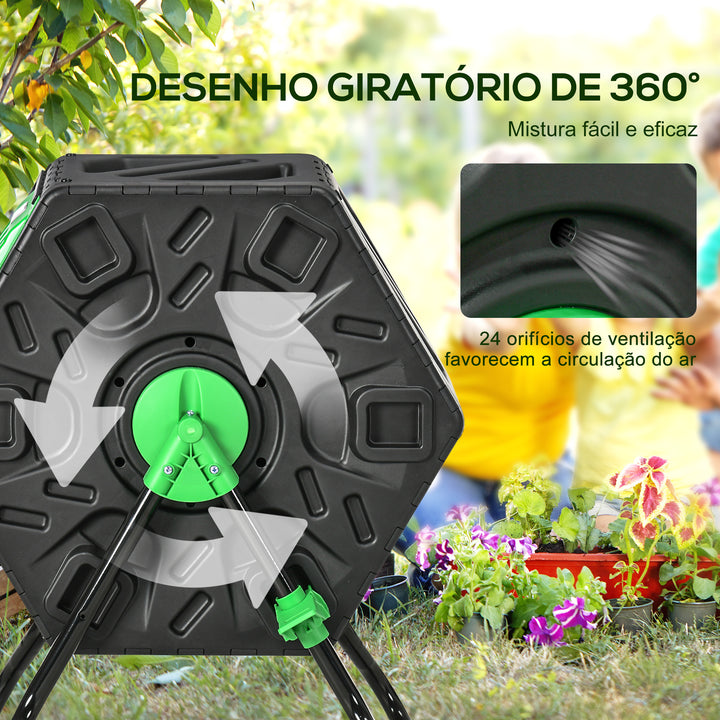 Compostor Giratório de 65L Recipiente de Compostagem de Jardim com Câmera Dupla Aberturas de Ventilação e Pés de Aço 60x49x77 cm Preto