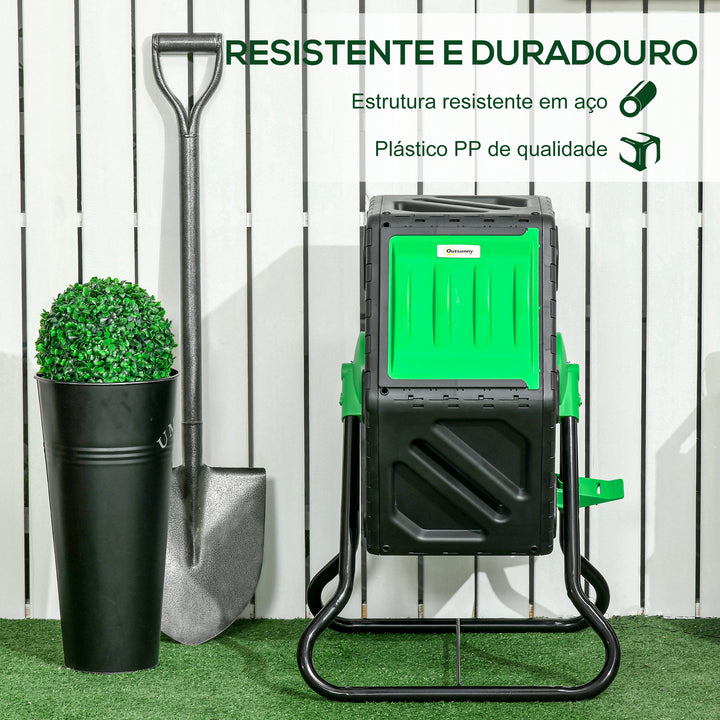 Compostor Giratório de 65L Recipiente de Compostagem de Jardim com Câmera Dupla Aberturas de Ventilação e Pés de Aço 60x49x77 cm Preto
