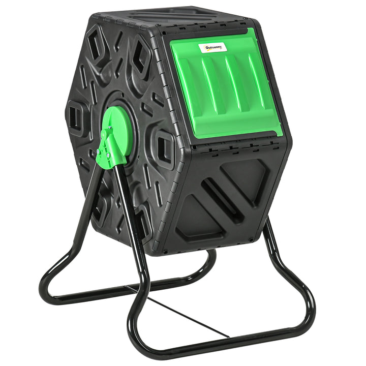 Compostor Giratório de 65L Recipiente de Compostagem de Jardim com Câmera Dupla Aberturas de Ventilação e Pés de Aço 60x49x77 cm Preto