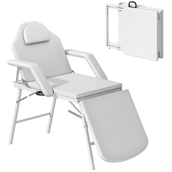 Marquesa de Massagem Dobrável Portátil de 3 Secções com Encosto e Suporte para Pernas Ajustáveis Apoio de Cabeça Removível Apoios de Braços Acolchoados para Spa 182x82 cm Branco