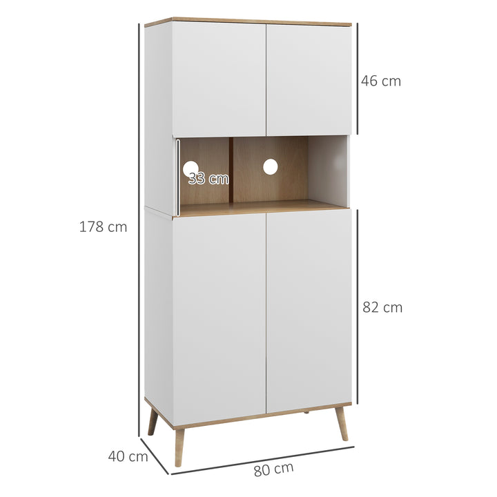 Armário de Cozinha Móvel Auxiliar de Cozinha com 4 Portas Bancada para Micro-Ondas Prateleiras Ajustáveis Orifício para Cabos e Pés de Madeira Estilo Moderno 80x40x178 cm Branco