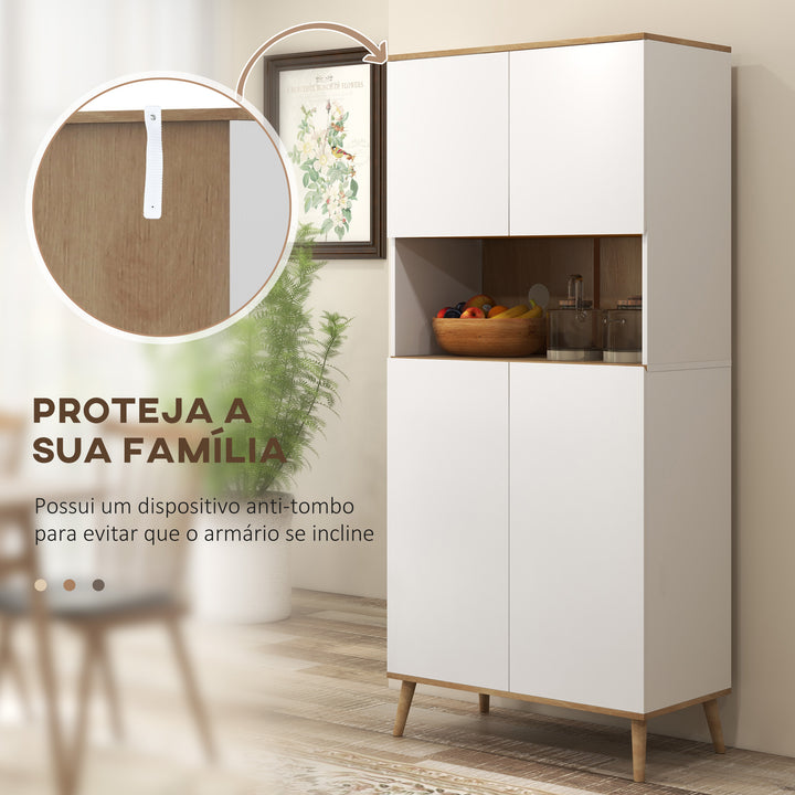 Armário de Cozinha Móvel Auxiliar de Cozinha com 4 Portas Bancada para Micro-Ondas Prateleiras Ajustáveis Orifício para Cabos e Pés de Madeira Estilo Moderno 80x40x178 cm Branco