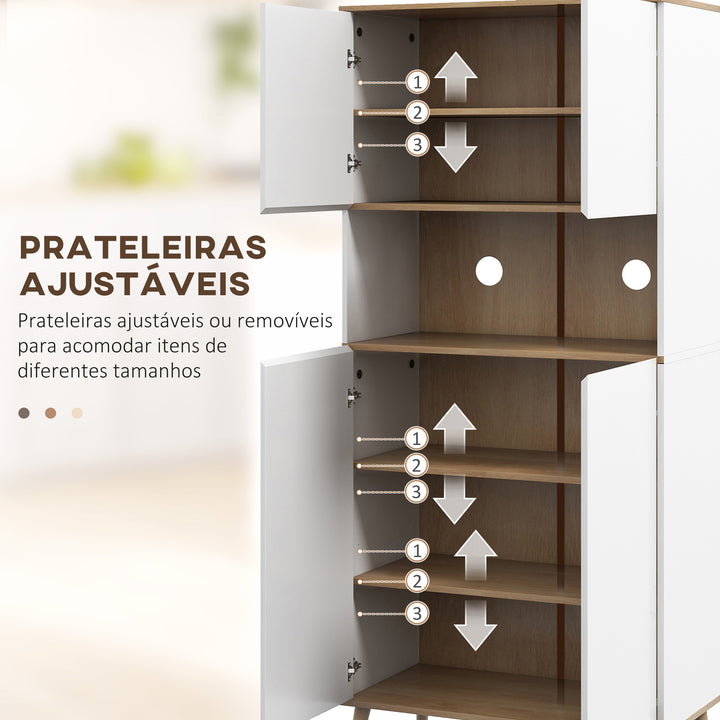 Armário de Cozinha Móvel Auxiliar de Cozinha com 4 Portas Bancada para Micro-Ondas Prateleiras Ajustáveis Orifício para Cabos e Pés de Madeira Estilo Moderno 80x40x178 cm Branco