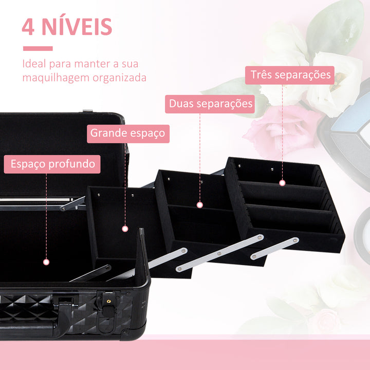 Mala para Maquilhagem Caixa de Beleza Portátil 4 Níveis 35.5x20x25.5cm Preto