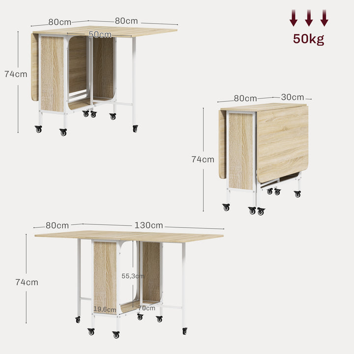 Mesa de Cozinha Dobrável Mesa de Refeição Dobrável com Rodas Laterais Abatíveis e Prateleira Mesa Dobrável para Sala de Jantar 130x80x74 cm Madeira e Branco